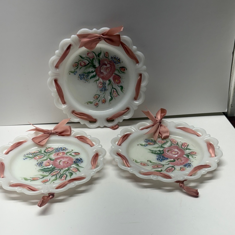 Colony Glass Floral Decorative Plates with Pink Accents 8”Plates Hand Painted